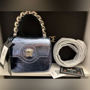 Versace La Medusa Metallic Leather Mini Bag Blue